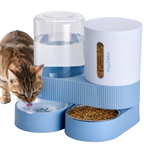 2 Pack Automatic Cat Feeder Stainless Steel Water Dispenser Gravity Food Feeder and Waterer Set with Pet Food Bowl for Small Medium Kitten Puppy Pets Large Capacity(Blue) - color: Blue