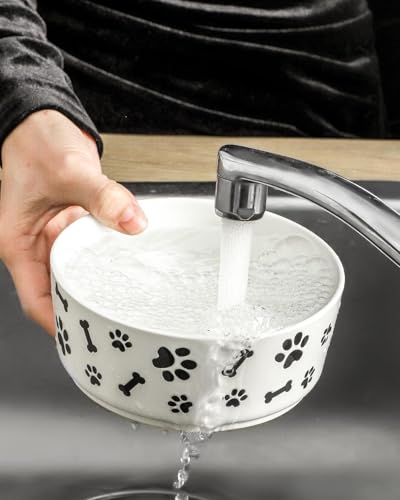 UBEE Ceramic Dog Bowl Set of 2, 5.5 inch Dog Food Bowl Dish with Bone Paw Pattern, Pet Food Water Dish Feeding Plates for Small Dogs, Puppy and Cat, White - color: White-dog paw, size: 5.5 inch x 2