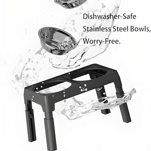 Elevated Dog Bowls Stand 5 Height Adjustable, Raised Dog Feeder with 2 Thick 50oz Stainless Steel Bowls, Non-Slip Pet Food Station for Medium & Large Breeds (Black)