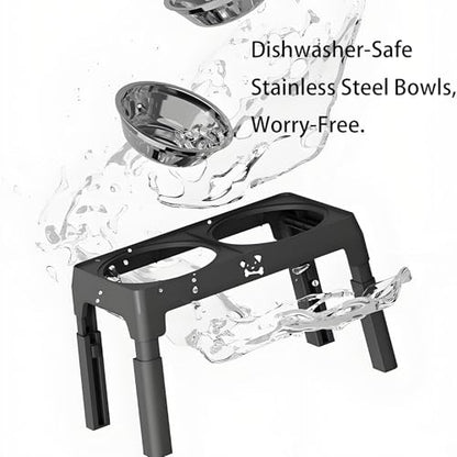 Elevated Dog Bowls Stand 5 Height Adjustable, Raised Dog Feeder with 2 Thick 50oz Stainless Steel Bowls, Non-Slip Pet Food Station for Medium & Large Breeds (Black)