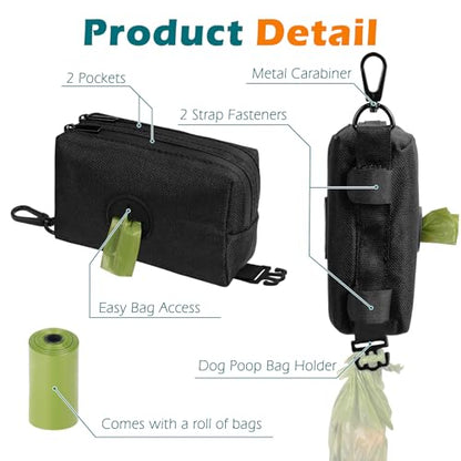 Dog Poop Bag Holder, Portable Pet Waste Bag Dispenser, 2 Pouches for Treats and Walking Accessories, Fit All Leashes, Includes 1 Roll of Dog Poop Bags (Black) - color: Black