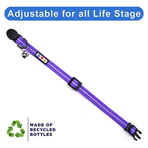 Pawtitas Recycled Purple Reflective Cat Collar – Eco-Friendly Breakaway Safety Buckle, Adjustable Kitten & Adult Collar with Removable Bell and High-Visibility Strap - color: Recycled Purple