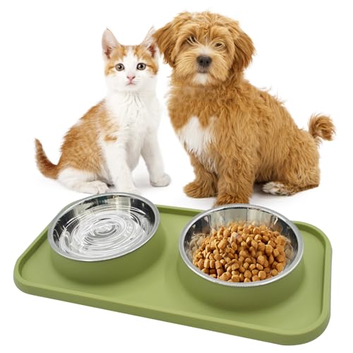 Double Dog Food Bowls Stainless Steel with No Spill Non Skid Silicone Mat Removable Dog Water and Food Bowls Set Durable Feeding for Small Dogs Puppy Cat Kitten(Green) - color: 【Green】