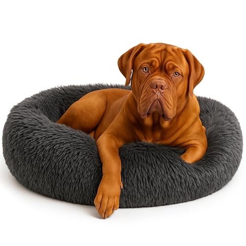 Calming Dog Bed - Fluffy Donut Cuddler for Anxiety Relief, Orthopedic Pet Bed with Non-Slip Bottom, Cozy Round Faux Fur Nest for Dogs and Cats, Plush Crate Mat for Comfort (Dark Grey, X-Large) - color: Dark Grey, size: X-Large