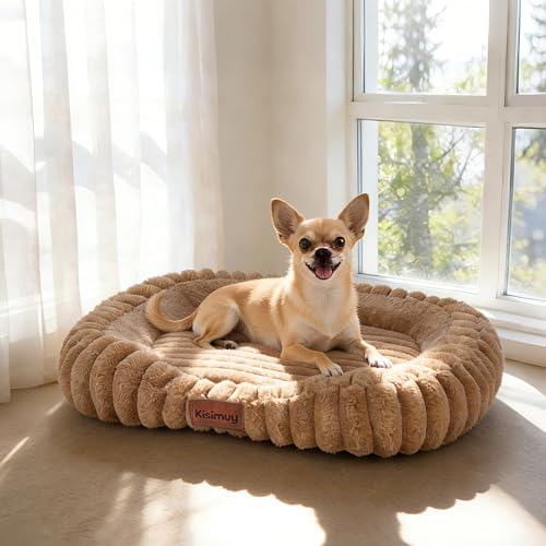 Cute Washable Dog Bed for Small Dogs -Soft Plush Calming Puppy & Cat Bed with Anti-Slip Bottom, Rectangle Anti-Anxiety Puppy Kennel Bed with Handle, 25" x 21" x 4", Brown - color: Brown, size: 25"L x 21"W x 4"Th