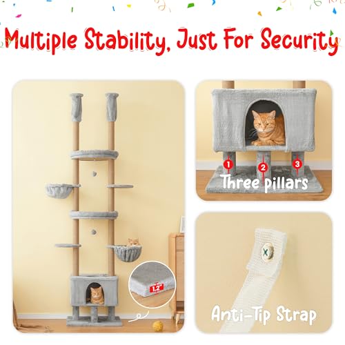 Cat Tree, Floor to Ceiling Cat Tower Adjustable Height [92.9-102.4in=235-258cm], 7 Tiers Cat Climbing Play House with Fully Sisal Scratching Post,Cozy Condo&Hammocks for Indoor Cats,Light Grey - color: Light Grey2.0