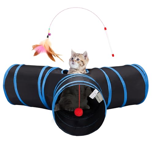 Tempcore Cat Tunnel for Indoor Cats, 3-Way Collapsible Play Tunnel with Teaser Wand, Peek Holes & Toy Ball, Small Pet Toy for Kittens & Rabbits, Black & Royal Blue - color: 3-Way Black&Royal Blue, size: 3-way