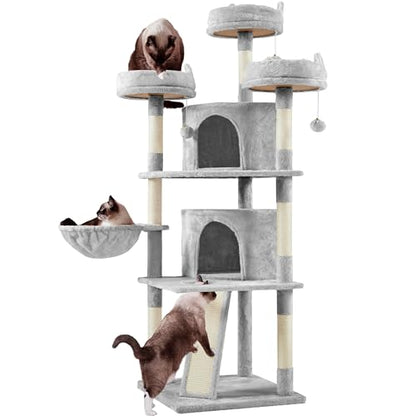 Yaheetech | 68.5in Cat Tree | for Large Cats | Multi-Level Cat Tower with 3 Wide Perches, Large Condo | Stable Pet Play House w/Sisal-Covered Scratching Posts & Board | Light Gray - color: Light Gray, size: 68.5in