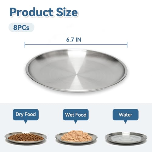 8 Pack Stainless Steel Cat Food Bowls, Cat Dishes Shallow Whisker-Friendly Metal Dishes with Non-Slip Silicone Bottom, Easy to Clean Indoor Feeding Bowls for Cats, Kittens & Small Dogs (6.7")