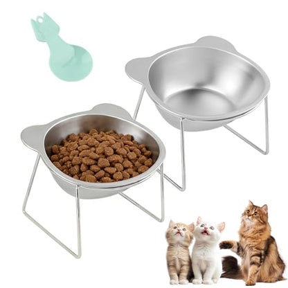 2 Pack Elevated Cat Bowls, 15° Tilted Stainless Steel Raised Cat Dishes for Food and Water, Whisker-Friendly Design with Non Slip Base and Scoop for Small Cats and Dogs
