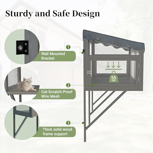YZU Cat Window Box, Catio Outdoor Cat Enclosure with Sunpanel for Sunbathing, Napping & Overlooking, Wooden Window Perch House Hammock with Waterproof Roof for All-Weather Use