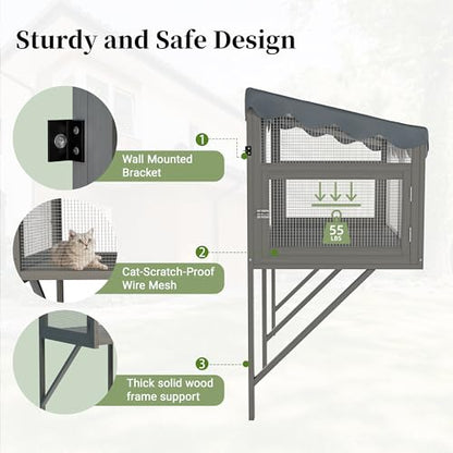 YZU Cat Window Box, Catio Outdoor Cat Enclosure with Sunpanel for Sunbathing, Napping & Overlooking, Wooden Window Perch House Hammock with Waterproof Roof for All-Weather Use