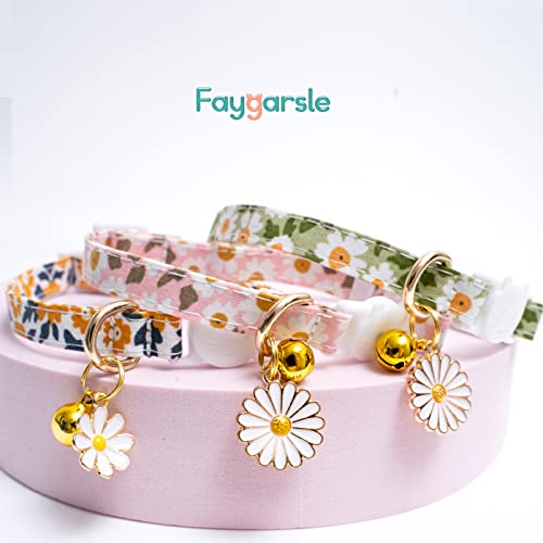 Faygarsle 3 Pack Cotton Safe Breakaway Cat Collars with Bell Daisy Charm Green Orange Pink Kitty Kitten Cute Cat Collars for Girl Cats Female Cats - color: Pink&Green&Orange3.0