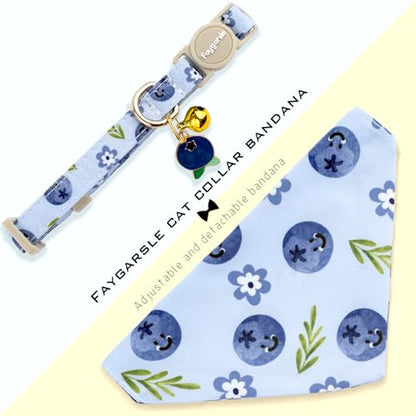 Faygarsle 2 Pack Blueberry Pattern Cat Collar Set with Bandana and Bow Tie, Light Blue, Breakaway Style with Bell - color: Blueberry