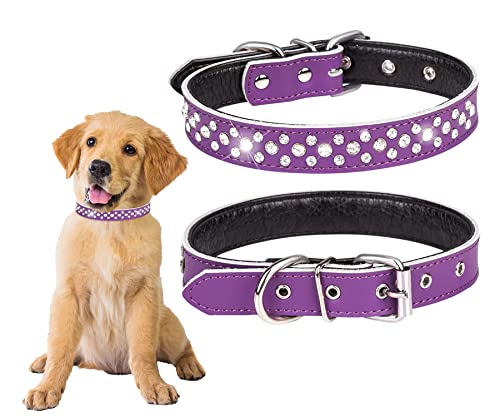 Rhinestones Pet Dog Collars Adjustable Sparkly Crystal Studded Genuine Leather Pet Collar for Small and Medium Dog 1" Wide (S(Neck 11-13"), Purple) - color: Purple, size: S(neck 11-13" )