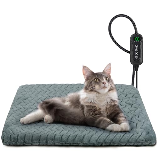 GASUR Heated Cat Bed, Waterproof Cat Heating Pad with Timer Temperature Adjustable, Indoor Heated Electric Pet Bed for Cats Dogs, Auto Power-Off, Anti-bite Pet Heated Pad, 18''x16'', Small - color: Grey, size: Small(18"x16")