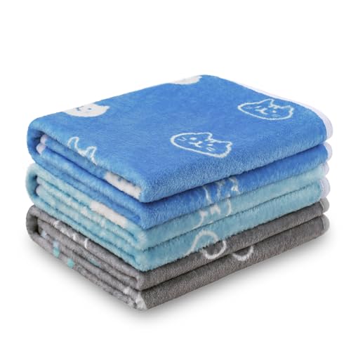 1 Pack 3 Blankets Super Soft Fluffy Premium Cute Cat Pattern Pet Blanket Flannel Throw for Dog Puppy Kitten Blue/Cyan/Grey Medium(30x20 inch) - color: Blue/Cyan/Grey, size: 30x20 inch (Pack of 3)