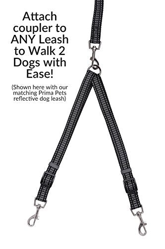 No Tangle Reflective Dog Leash Coupler - Double Dog Walker and Trainer Leash - Two Dogs Adjustable Splitter Lead - Each Side Adjusts 11" to 20" in Length (Medium - 3/4" Width, Black)