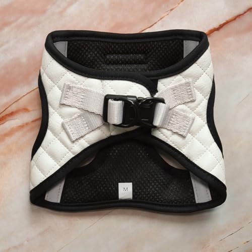 Step in Dog Cat Harness Lightweight Breathable Mesh Soft Padded Pet Vest Reflective Quilted Vegan Leather Choke Free Escape Proof for Small Medium Dogs (White, Medium) - color: White, size: Medium: Neck=10-12.5''/Chest=16-18''
