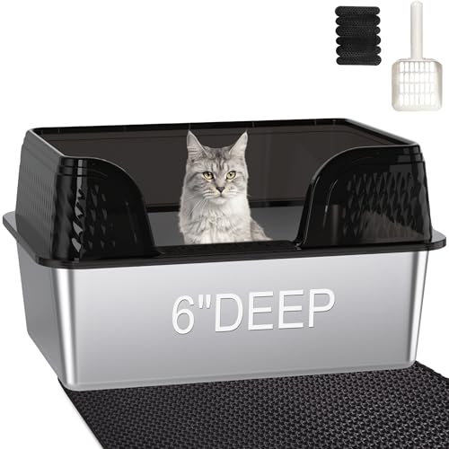 Stainless Steel Litter Box XL, Metal Litter Box with Lid - Extra Large Space with High Sides for Big Cats, Side Entry, Leak-Proof, Anti-Splashing, Transparent Black - color: Transparent Black, size: X-Large