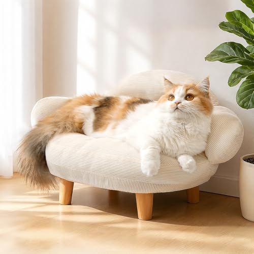Cat Sofa Furniture-Style Pet Bed with Removable Cotton Velvet Cover, Solid Pine Wood Legs, for Cats and Small Dogs, White - color: White