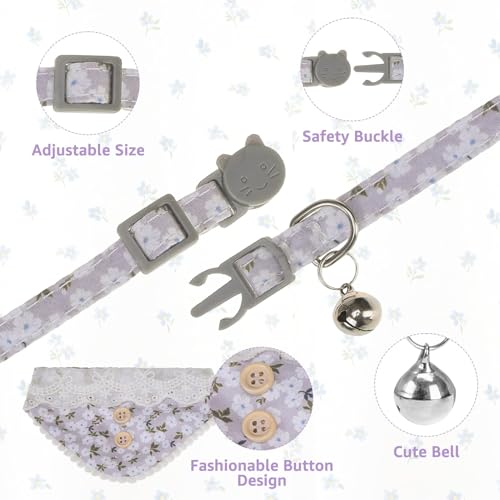 SCENEREAL Breakaway Cat Collar with Bell & Bandana, Cute Kitten Collar Suitable for Large Big Cats, Grey Flower - color: Grey Flower