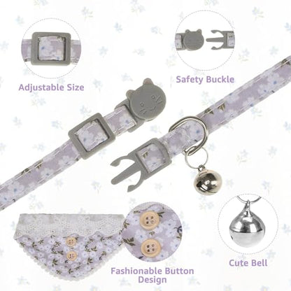 SCENEREAL Breakaway Cat Collar with Bell & Bandana, Cute Kitten Collar Suitable for Large Big Cats, Grey Flower - color: Grey Flower