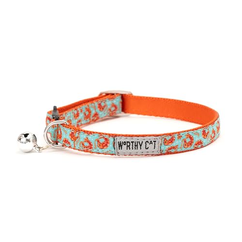 THE WORTHY DOG Shrimp Cat Collar with Bell, Adjustable Nylon Safety Collar, Blue, One Size - color: Blue-Shrimp