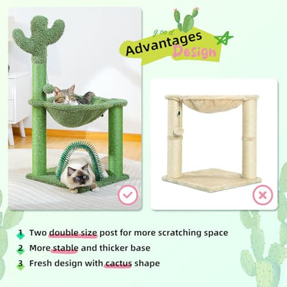 PAWZ Road Cactus Cat Tree, 33 Inchs Cat Tower with Cat Self Groomer, Soft Hammock and Fully Wrapped Sisal Scratching Post for Indoor Cats