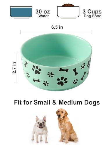 UBEE Ceramic Dog Bowl Set of 2, 6.5 inch Dog Food Bowl Dish with Bone Paw Pattern, Pet Food Water Dish Feeding for Small and Meidum Dogs and Large Cat, Green - color: Green-dog paw, size: 6.5 inch x 2