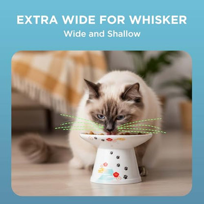Necoichi Elevated Cat Food Bowl, Ceramic (Porcelain), Whisker-Friendly, Dishwasher & Microwave Safe, Non-Slip Silicone Base, Anti-Vomiting & Neck Fatigue (Fuji, Extra Wide, 2-Cups Capacity). - color: Fuji, size: Large Extra Wide Flat (2 Cups)