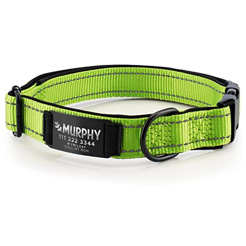 Improved - Personalized Dog Collars w/Engraved Metal ID Nameplate for Name & 3 Lines Text - Custom 20 Icons, 4 Adjustable Sizes, 10 Fonts, Dog Collar for Large Dogs, Dog ID Tag Personalized, Green - color: Green