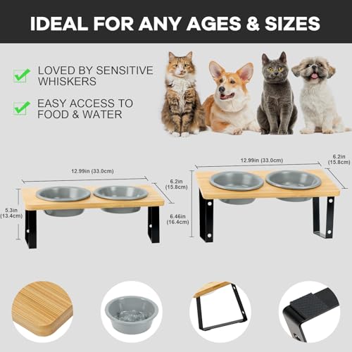 LEAWALK Upgraded Adjustable Height Cat Food Bowls Stand Ceramic Dog Bowls and Slow Feeder Cat Bowl, 15°Tilted Stand Anti Vomiting Raised for Small and Medium Sized Cats Dogs (Grey (2 Bowl+Pet mat)) - color: Grey ( 2 Bowl+Pet mat)