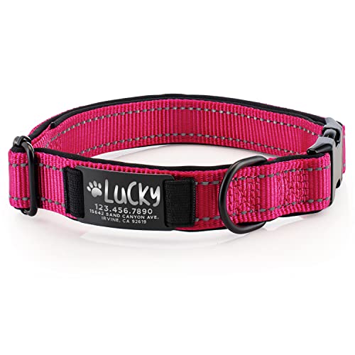 Improved - Personalized Dog Collars w/Engraved Metal ID Nameplate for Name & 3 Lines Text - Custom 20 Icons, 4 Adjustable Sizes, 10 Fonts, Dog Collar for Large Dogs, Dog ID Tag Personalized, Hot Pink - color: Hot Pink