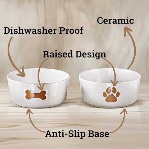 Ceramic Dog Bowl Set of 2 with Anti-Skid Base - 6.5" Wide x 2.5" Tall Ceramic Dog Bowls Medium Sized Dogs - 3.8 Cup Capacity Food and Water Bowls for Dogs - Rubber Bottom Pet Bowl Set of 2 Medium Size - color: Brown, size: Medium