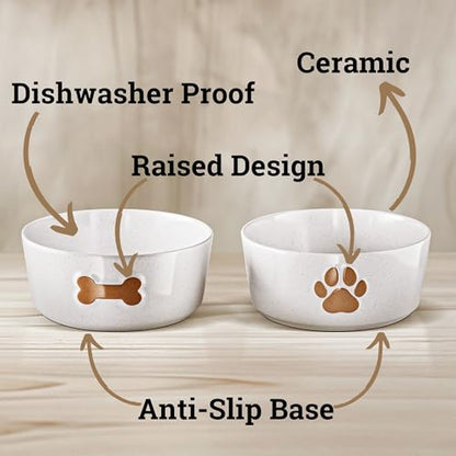 Ceramic Dog Bowl Set of 2 with Anti-Skid Base - 6.5" Wide x 2.5" Tall Ceramic Dog Bowls Medium Sized Dogs - 3.8 Cup Capacity Food and Water Bowls for Dogs - Rubber Bottom Pet Bowl Set of 2 Medium Size - color: Brown, size: Medium