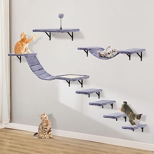Wall-Mounted Cat Climber Set with Climbing Shelves, Perches, Bridge,Hammock,Scratching Board & Ball - 7 Pcs Wood Indoor Cat Furniture for Kittens Play (Grey) - color: Grey
