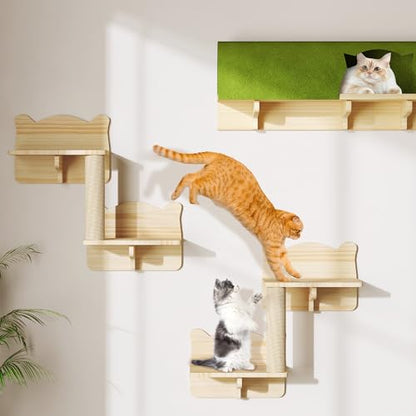 Cat Wall Shelves with Tunnel, 7-in-1 Solid Wood Wall Mounted Cat Furniture with Scratching Post, Cave & Steps, Multi-Level Cat Climbing Wall Systems, Space Saving, Floating Cat Shelves - color: Burlywood, size: 7-in-1