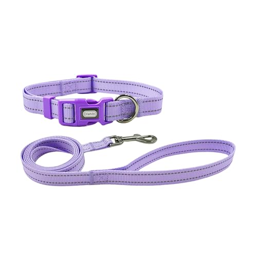 Dog Collar Leash Set, Durable Polyester with Reflective Strips, 5ft Matching Leash, Adjustable 4 Sizes for Small Medium Large Dogs.(S, Purple) - color: Solid Purple, size: Small