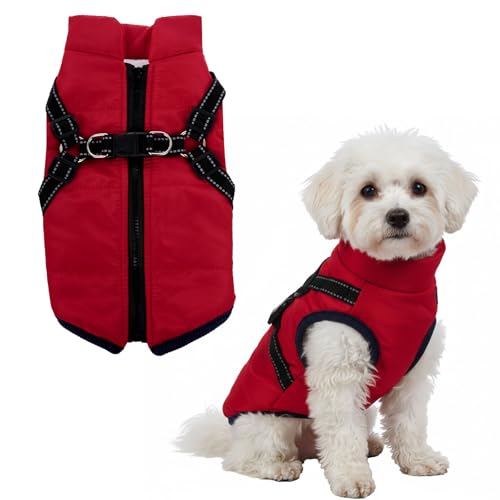 Dog Winter Coat with Harness Winter Jacket for Small Dogs Reflective Cold Weather Coats Warm Pet Vest Waterproof Snowsuit (Red, Medium) - color: Red, size: Medium
