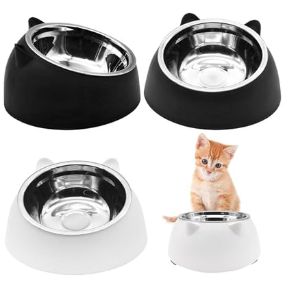 Hamiledyi Raised Cat Bowls 4 PCS - 15° Tilted Elevated Stainless Steel Food & Water Bowls for Anti-Vomiting, Spill Proof - Detachable Pet Dish Set for Cats/Kittens Feeding (Black+White, 200+400 ML)