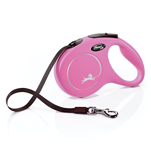 FLEXI New Classic Tape Retractable Dog Leash for Medium Dogs Upto 55 lbs. – 16 ft., Pink | Tangle Free Pet Walking Leash with One-Handed Brake, Pause, Lock | German Quality Product - color: Pink, size: Medium - 16 Feet (Tape)