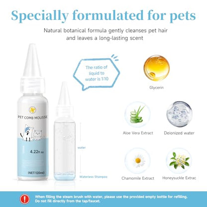 Pet Steam Brush for Dog & Cat – 3-in-1 Spray Hair Removal Comb for Shedding & Grooming, Softens Fur & Reduces Static – Water Brush for Long & Short Coats, Bath-Hating Pets, Includes Waterless Shampoo - size: 7.8″-120ml