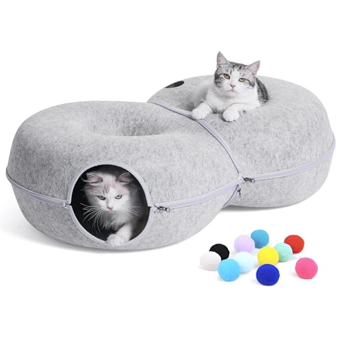 8-Shaped Large Cat Tunnel Bed for Indoor Cats, Infinite Circulation Peekaboo Cat Cave with 12 Toy Balls, Cat Donut Tunnel for Cats up to 30 Pounds (Light Grey, L 38x24x11in) - color: Light Grey