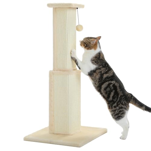 PAWZ Road Large Cat Scratching Post 32” Tall Scratching Post for Indoor Cats Adults Ultimate Scratch Post with Woven Sisal, Large Base and Removable Dangling Ball- Beige - color: Beige