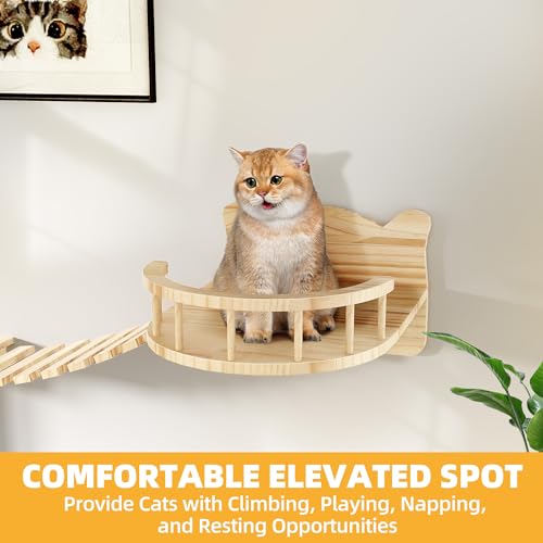 Cat Shelves for Wall, 16-in-1 Solid Wood Wall Mounted Cat Wall Shelves with Tunnel, Scratching Post, Steps & Bridge Ladder, Multi-Level Cat Climbing System, Space Saving, Floating Cat Shelves - color: Burlywood, size: 16-in-1