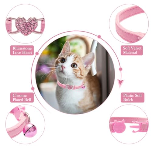 BINGPET Cat Collar Breakaway with Bell, Pack of 2 Heart Bling Collar Safety with Soft Velvet Adjustable for Kittens - color: Heart (Pink + Black)-2pcs