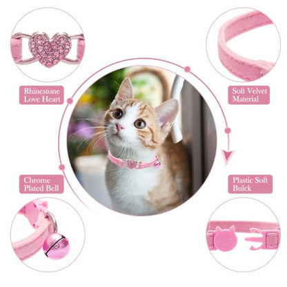 BINGPET Cat Collar Breakaway with Bell, Pack of 2 Heart Bling Collar Safety with Soft Velvet Adjustable for Kittens - color: Heart (Pink + Black)-2pcs