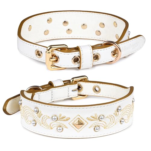 Blueberry Pet Western Genuine Leather Dog Collar for Small Breeds, Pearl White - Floral Embroidery, Pearl Studs, Adjustable 12-15 Inch Neck - color: Pearl White, size: Small