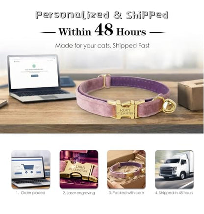 Personalized Velvet Cat Collar with Bell, Custom Engraved Name and Phone Number, Adjustable Luxury Kitten Collar, Non-Breakaway Secure ID Collar for Cats and Kittens - color: Green, size: L